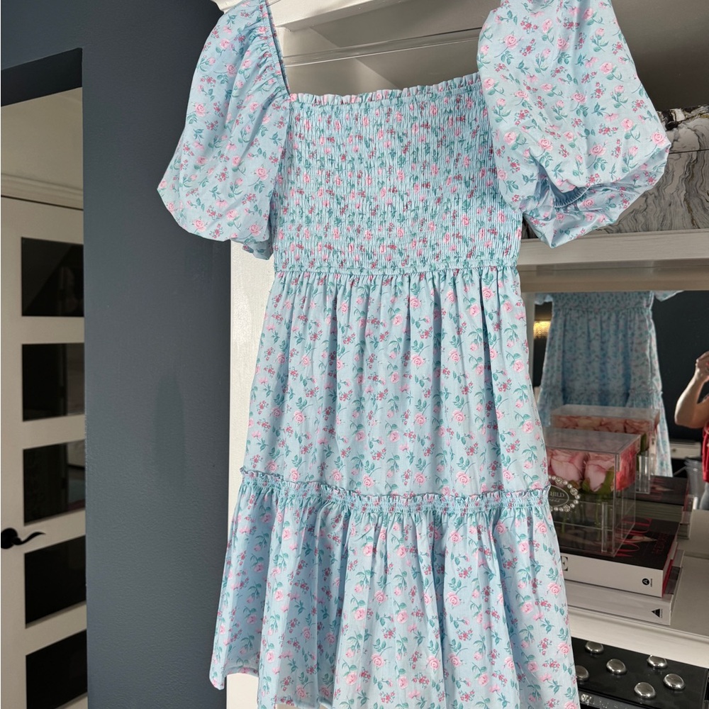 Altar'd State Light Blue Floral Mini Dress with Pink Accents